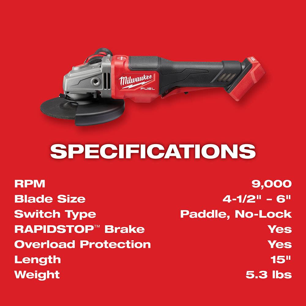 Milwaukee M18 FUEL 4 1/2inch-6inch No Lock Braking Grinder with Paddle Switch Kit, large image number 8