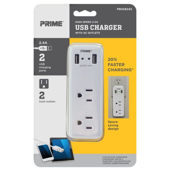 Prime 3 Prong 2 Outlet with 2 Port USB Charger, large image number 1