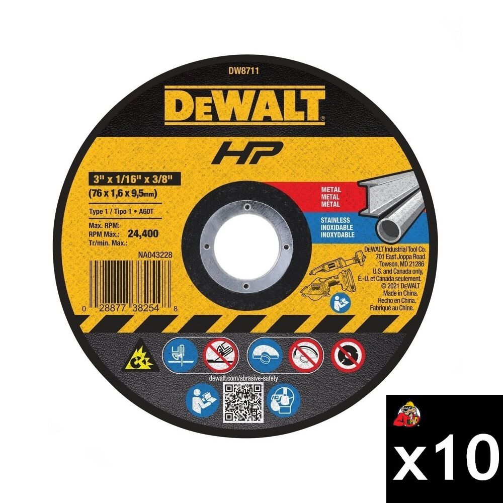 DEWALT 3 Inch x 1/16 Inch Type 1 Bonded Cutting Wheel Bundle, 10 Pieces, large image number 1