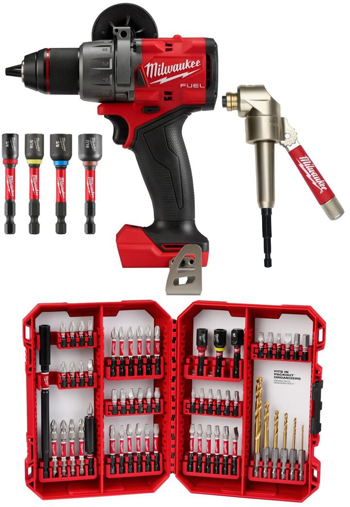 Milwaukee M18 FUEL 1/2 Inch Drill Driver (Bare Tool) Right Angle Attachment 60pc SHOCKWAVE Impact Duty Drill & Drive Set & 4pc Magnetic Nut Driver Set