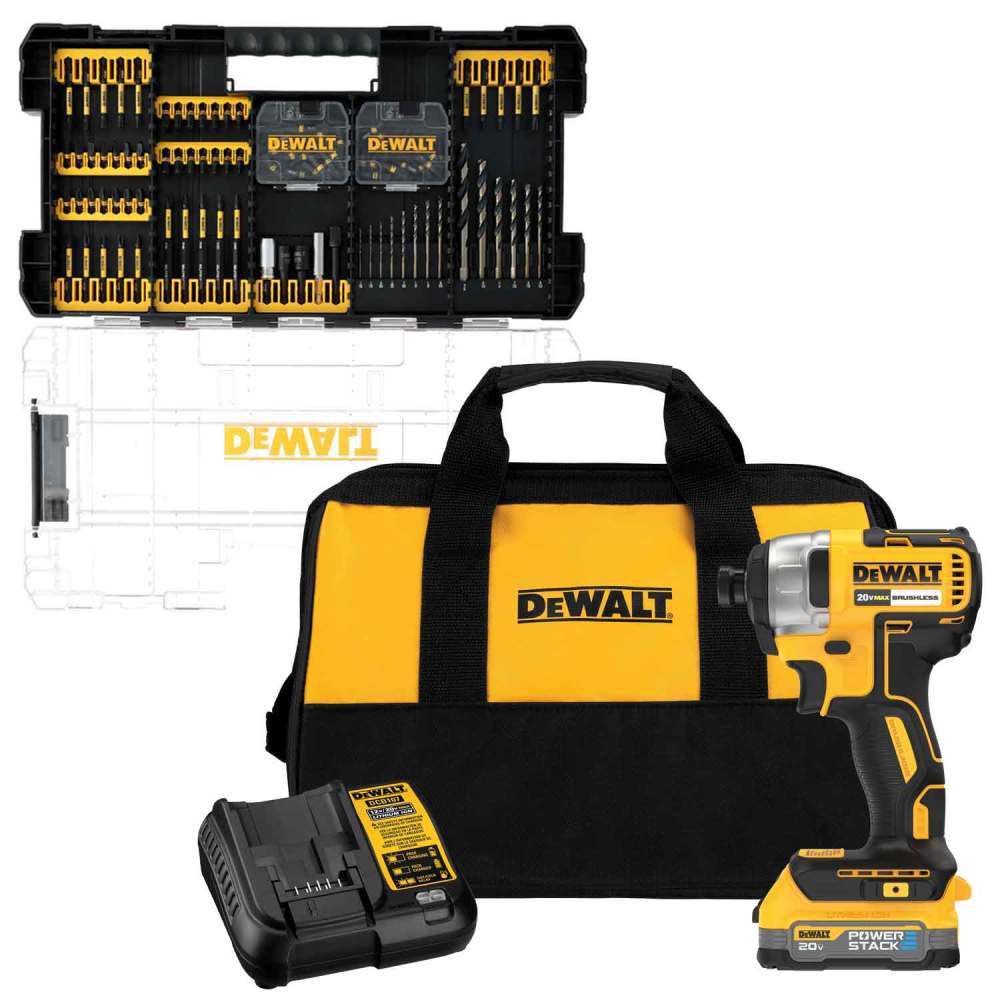 DEWALT 20V MAX XTREME Cordless Brushless 1/4 Inch Impact Driver & Elite Series 100pc Drill Driver Set, large image number 1