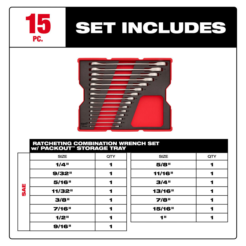 Milwaukee SAE Ratcheting Combination Wrench Set with Tray for PACKOUT Drawers, 15 Pieces, large image number 2