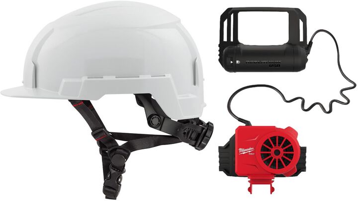 Milwaukee BOLT White Front Brim Helmet Class E & USB Cooling Fan Bundle