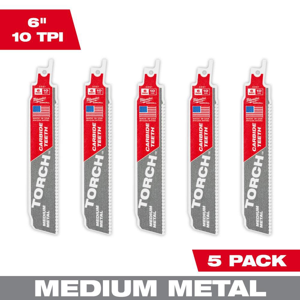 Milwaukee 6 Inch 10TPI TORCH Carbide Teeth Metal Cutting Reciprocating Saw Blade 5pk, large image number 13