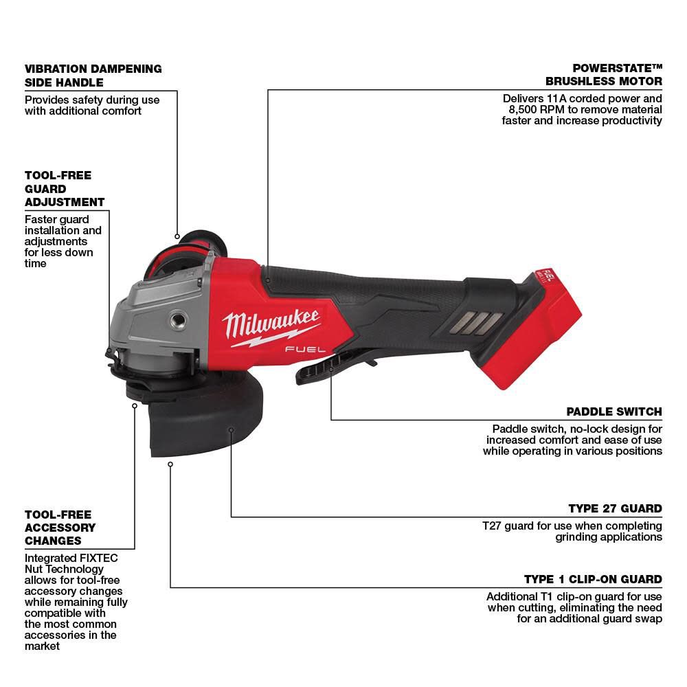 Milwaukee M18 FUEL 4-1/2inch / 5inch Grinder Paddle Switch No-Lock-Reconditioned (Bare Tool), large image number 3