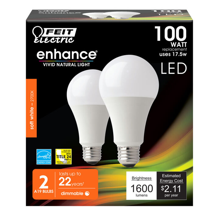 Feit Electric 100W A19 2700K Dimmable Enhance LED Bulb 2pk, large image number 1