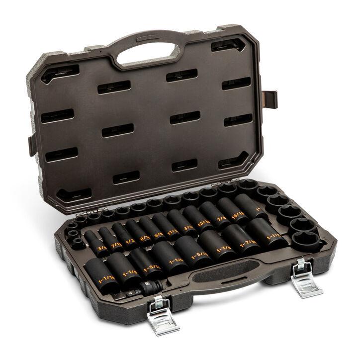 GEARWRENCH 1/2 Inch Drive 6 Point SAE Hi-Viz STD & Deep Impact Socket Set 39 Pieces