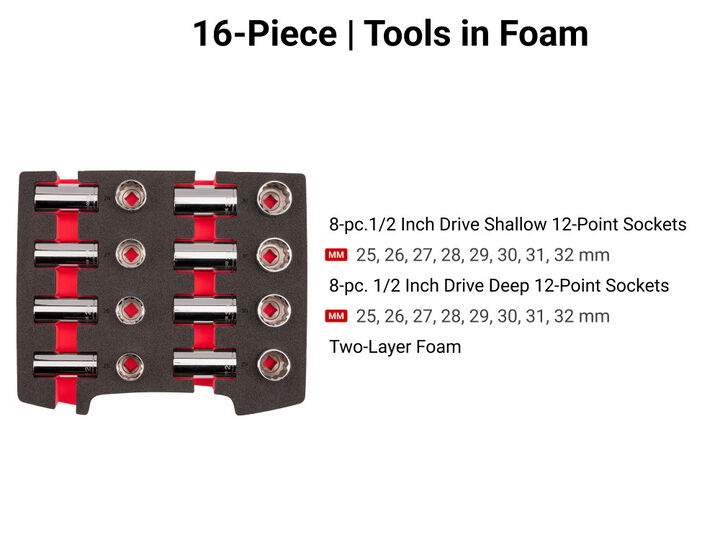 Tekton 1/2 Inch Shallow and Deep 12 Point Sockets, Drawer, 25- 32 mm, 16 Pieces, large image number 2