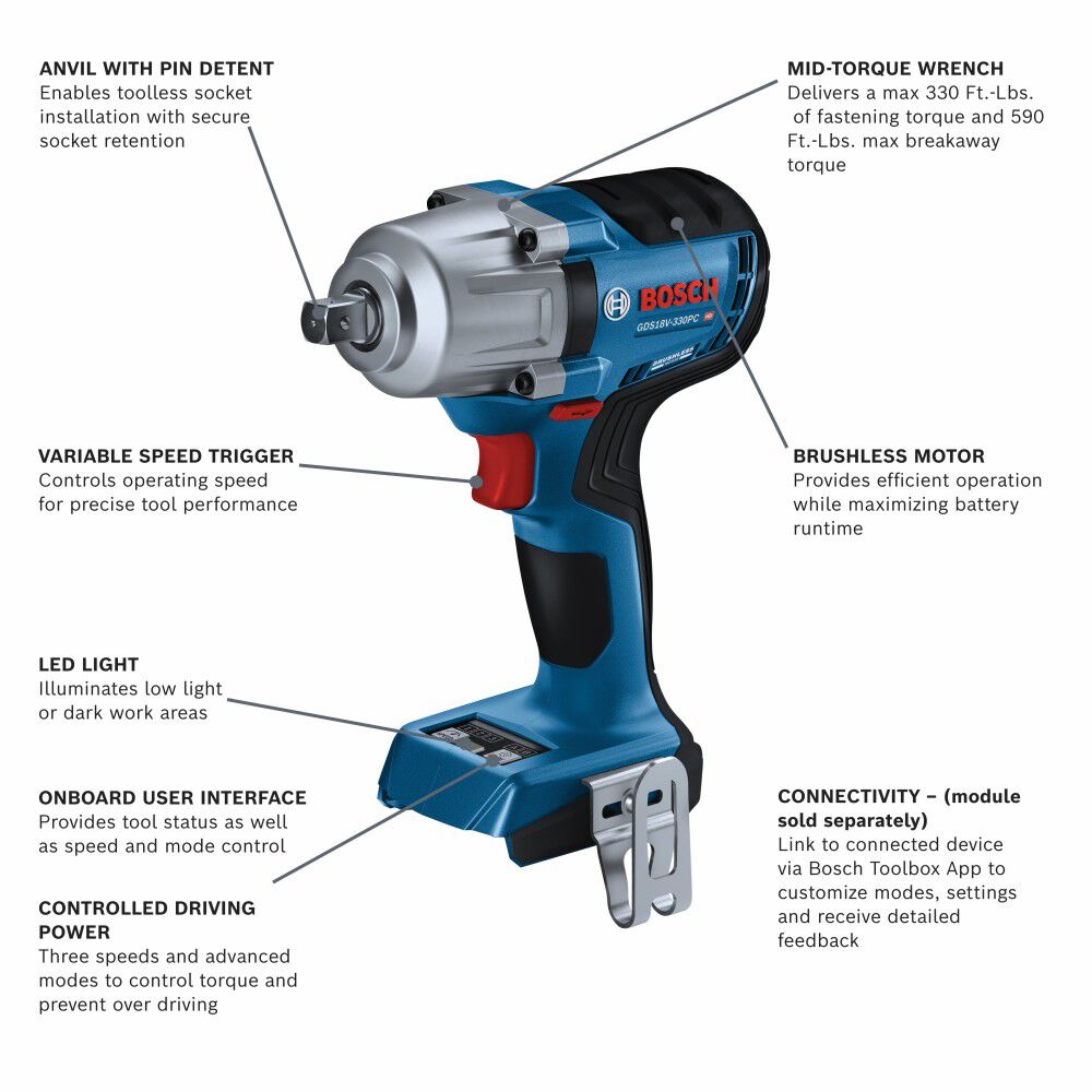 Bosch 18V Brushless 1/2 in Mid-Torque Impact Wrench with Pin Detent (Bare Tool), large image number 2