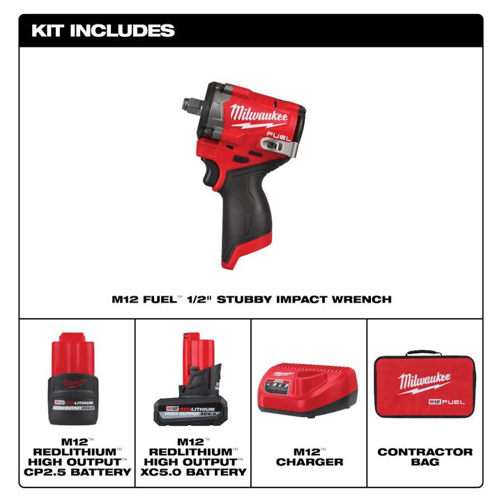 Milwaukee M12 FUEL Stubby 1/2 Inch Impact Wrench Kit, large image number 1