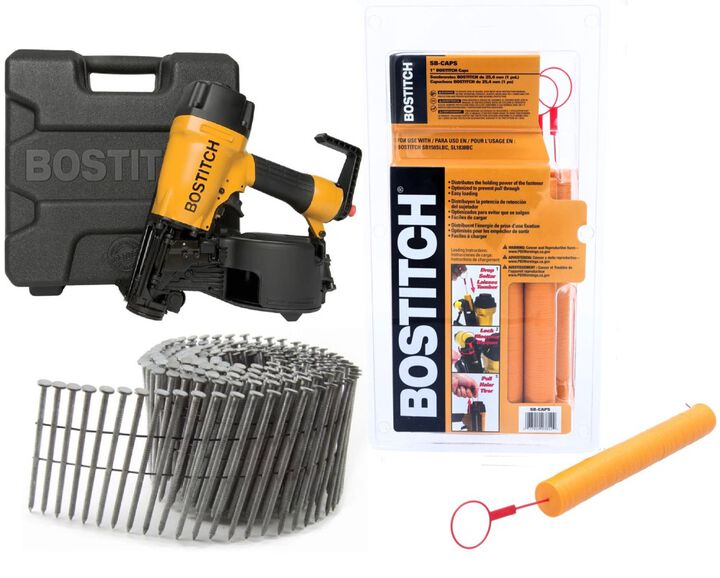 ACME TOOLS Bostitch Framing Pneumatic Nailer with 6,000 Stapler And Nailer Caps & 5,400 B&C EAGLE 2-1/2 Inch x .090 Wire Collated Hot Dipped Galvanized Ring Shank Coil Siding Nail Bundle