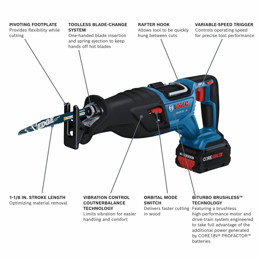 Bosch PROFACTOR 18V 1 1/8in Reciprocating Saw Kit with CORE18V 8.0 Ah PROFACTOR Performance Battery, large image number 2
