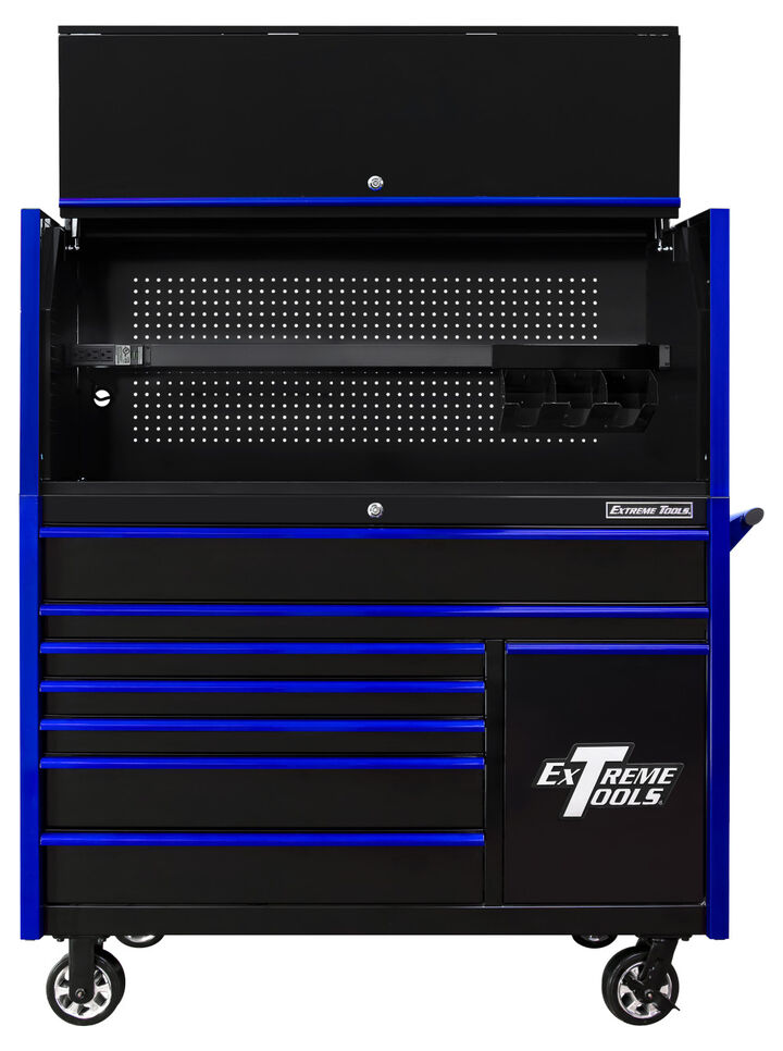 Extreme Tools DX Series 55 Inch W x 25 Inch D Extreme Power Workstation Hutch and 8 Drawer Roller Cabinet with Power Tool Drawer Black with Blue Drawer Pulls