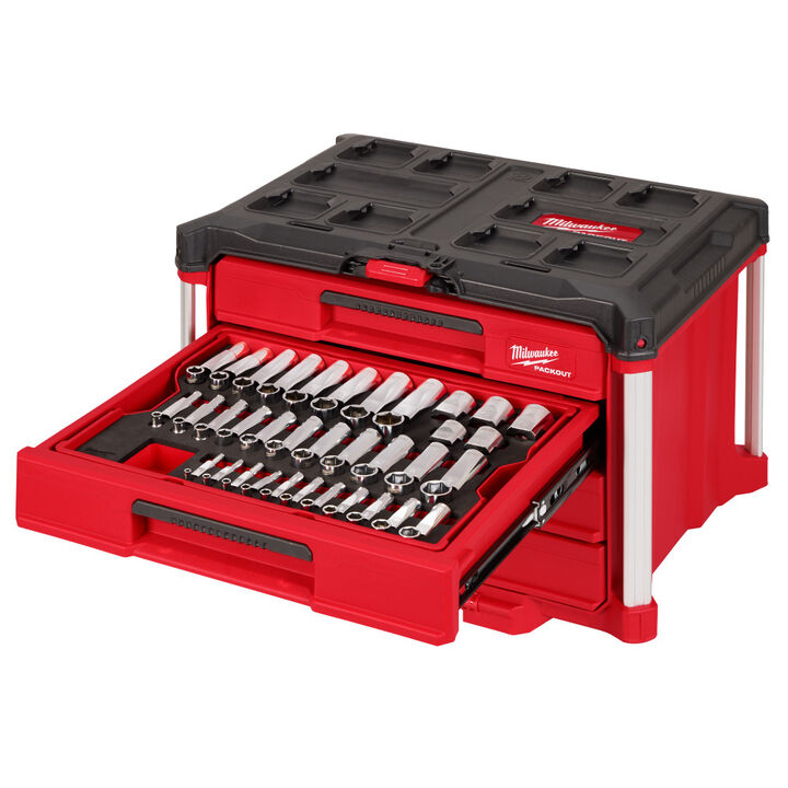 Milwaukee 1/4 Inch, 3/8 Inch, and 1/2 Inch Drive Metric and SAE Ratchet and Socket Set with PACKOUT 4-Drawer Tool Box, 242 Pieces