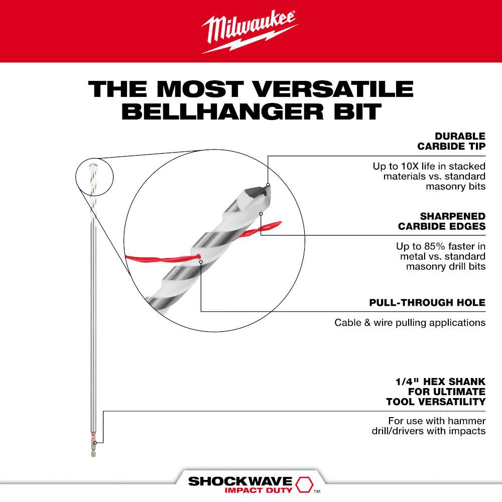 Milwaukee 1/4 Inch x 16 Inches x 18 Inches SHOCKWAVE Carbide Bellhanger Multi-Material Bit, large image number 4