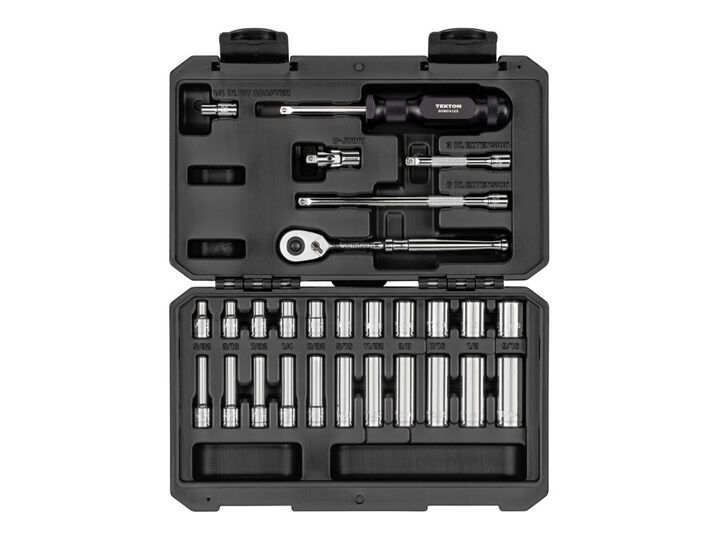 Tekton 1/4 Inch 6 Point Socket and Ratchet Set Case, 28 Pieces (5/32-9/16 Inch)