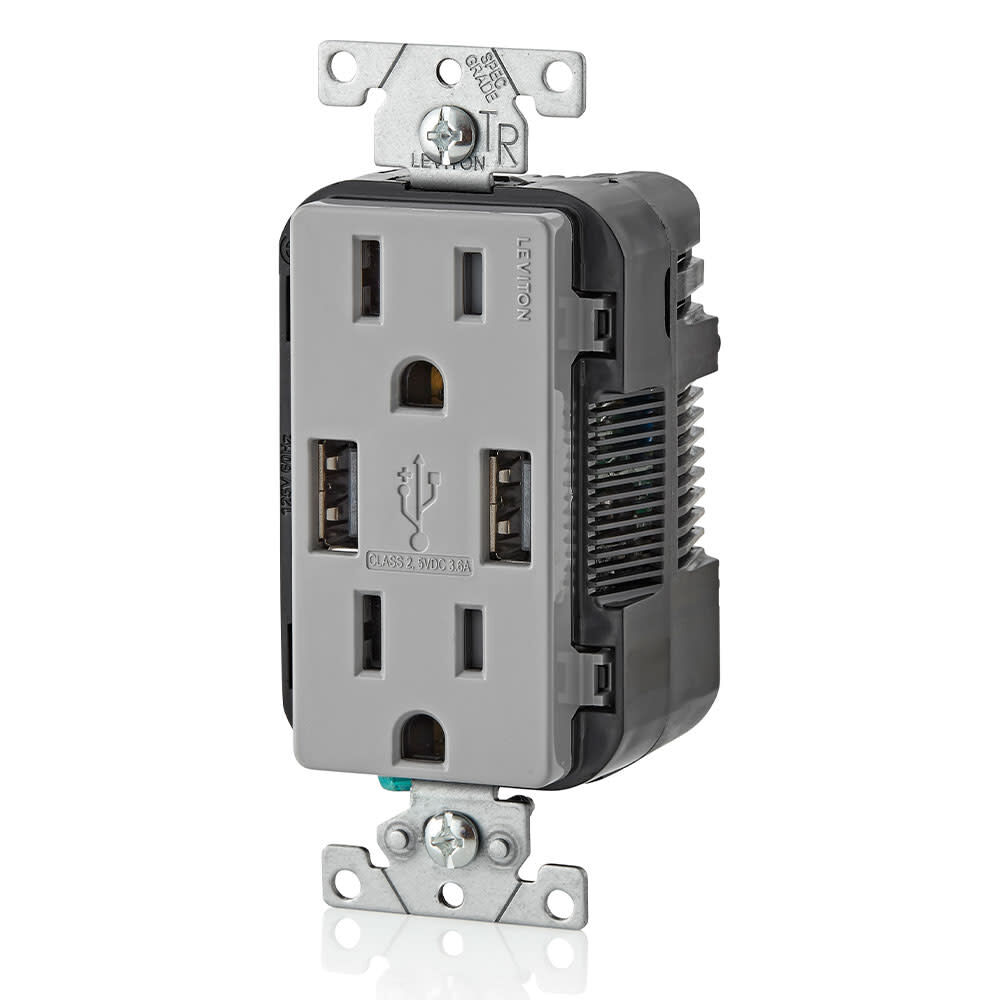 Leviton Decora 15A 125V Gray NEMA 5-15R Outlet & USB Charger, large image number 2