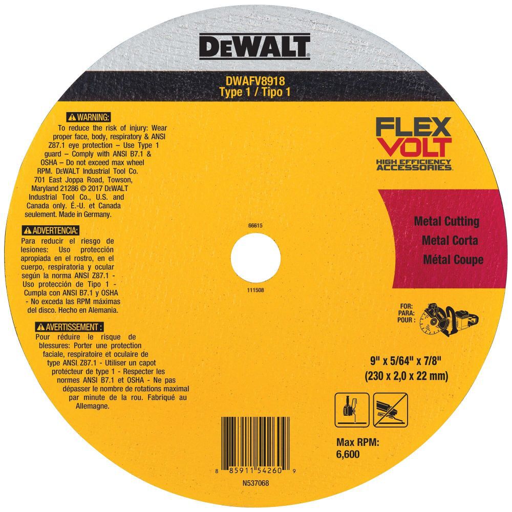 DEWALT 9 In. x 5/64 In. x 7/8 T1 FLEXVOLT Cutoff Wheel, large image number 1