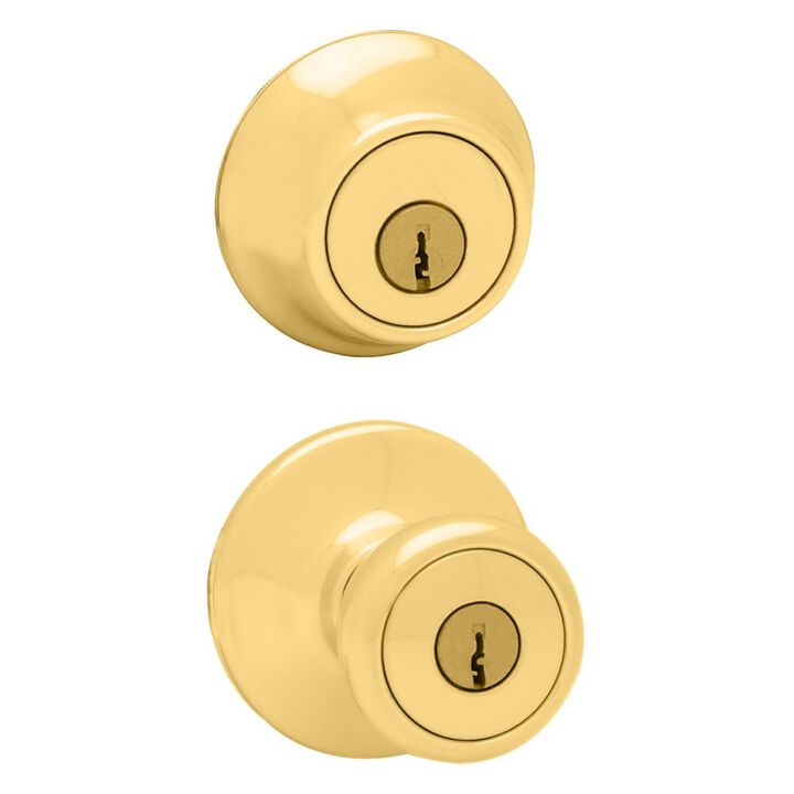 Kwikset Polished Brass Tylo Entry Knob and Double Cylinder Deadbolt Set