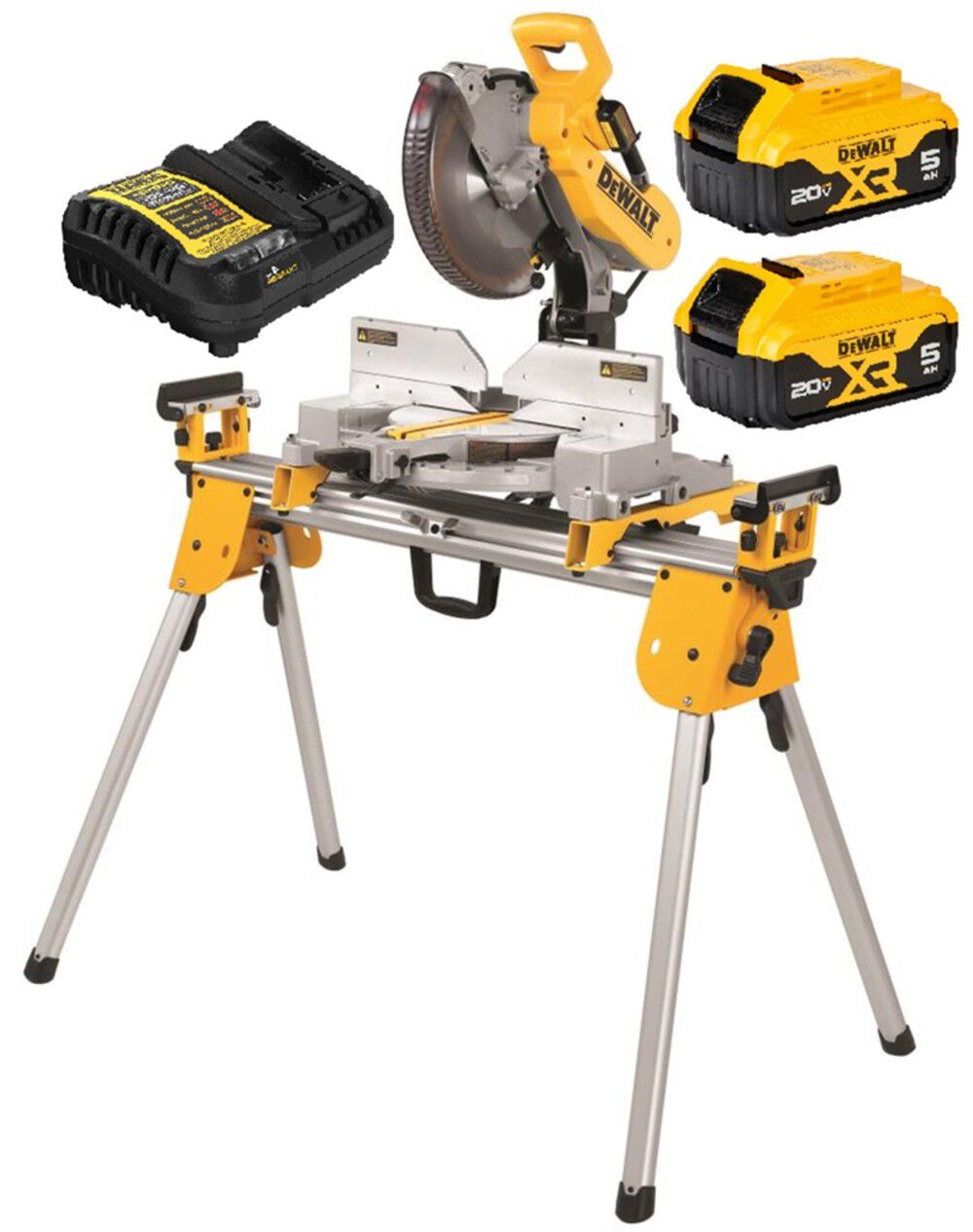 DEWALT 20V MAX* XR 10 Inch Double Bevel Fixed Miter Saw, Compact Miter Saw Stand, & 5Ah Starter Kit Bundle, large image number 1