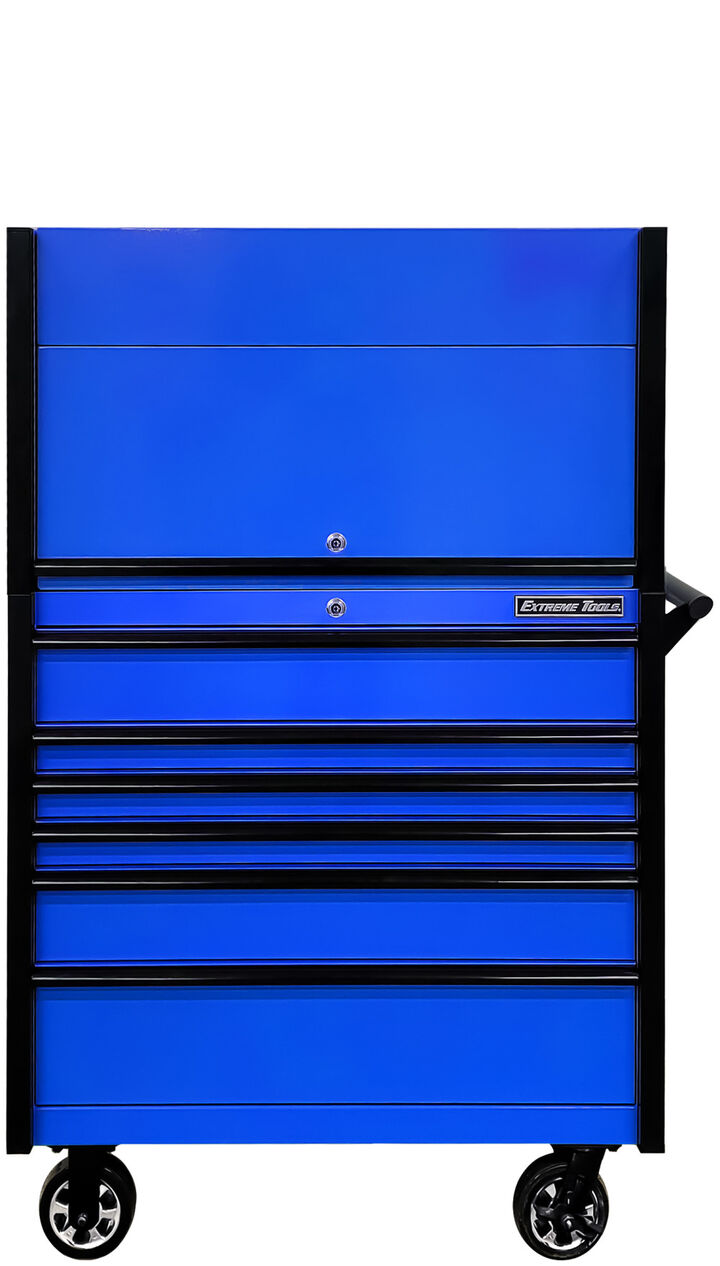 Extreme Tools DX Series 41 Inch W x 25 Inch D Extreme Power Workstation Hutch and 6 Drawer Roller Cabinet Blue with Black Handles and Trim