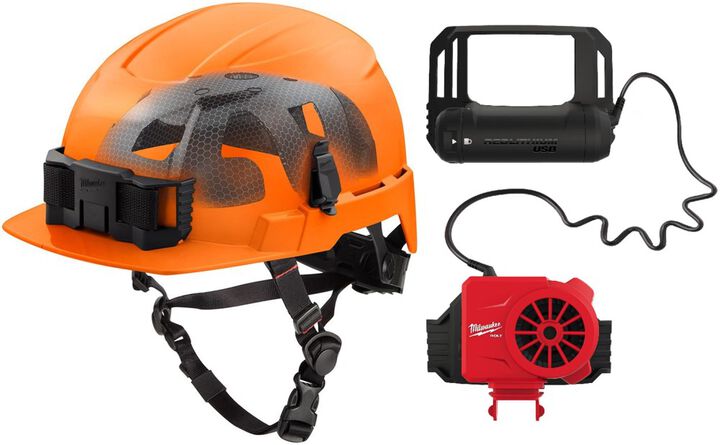 Milwaukee BOLT Orange Front Brim Safety Helmet with IMPACT ARMOR Liner Type 2 Class E & USB Cooling Fan Bundle