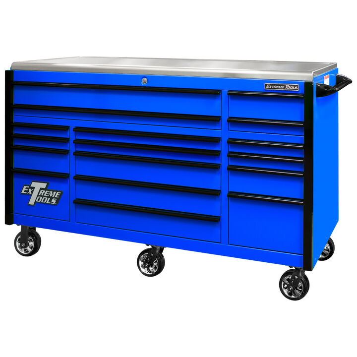 Extreme Tools 72in Blue Roller Cabinet with Black Drawer Pulls