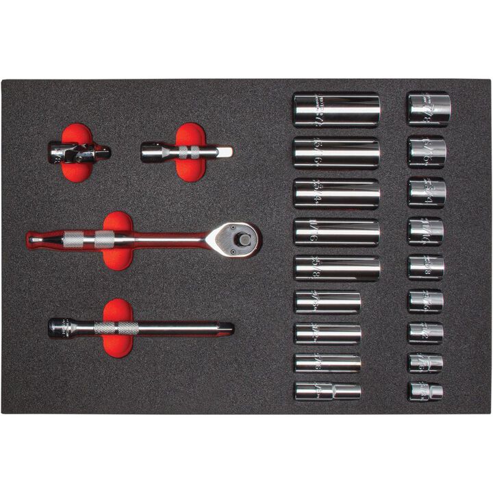 Proto Foamed 3/8in Drive 6pt Socket Set 22pc with Pear Head Ratchet