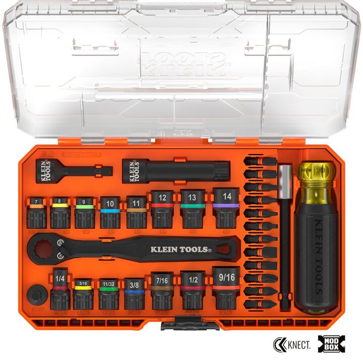 Klein Tools KNECT Pass-Through and Impact Socket Set SAE and Metric 33 Pieces