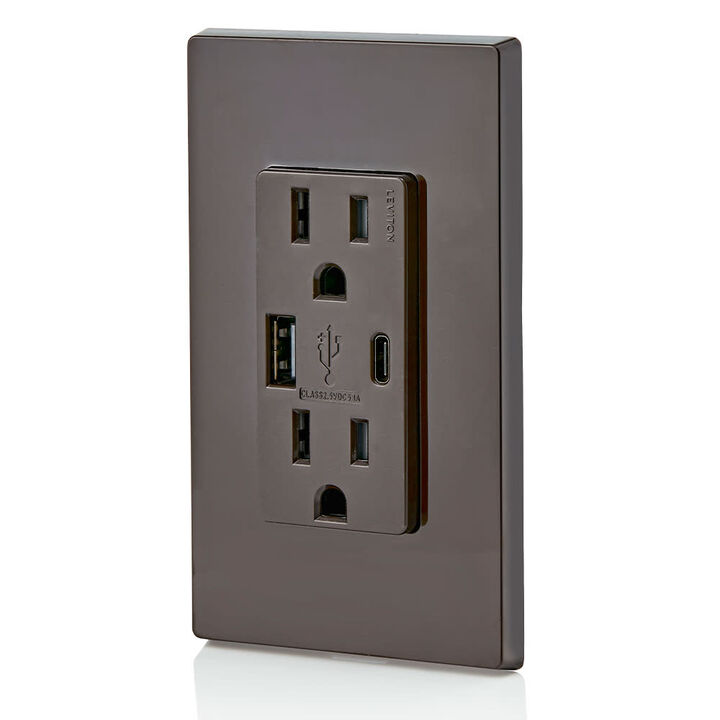 Leviton Outlet with USB Type A/C Charger 15A 125V 5-15R Brown, large image number 3