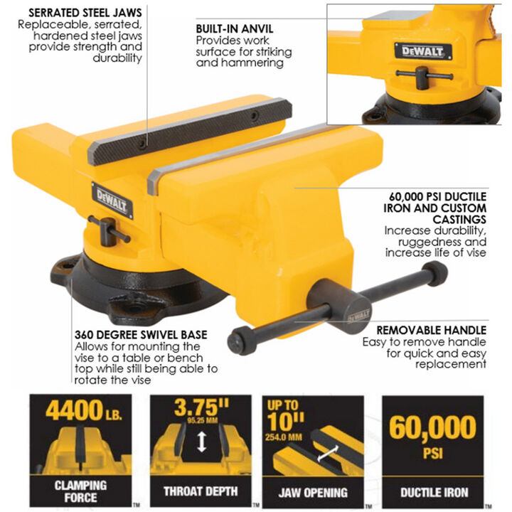 DEWALT 10 Inch Swivel Base Bench Vise with Anvil, large image number 4