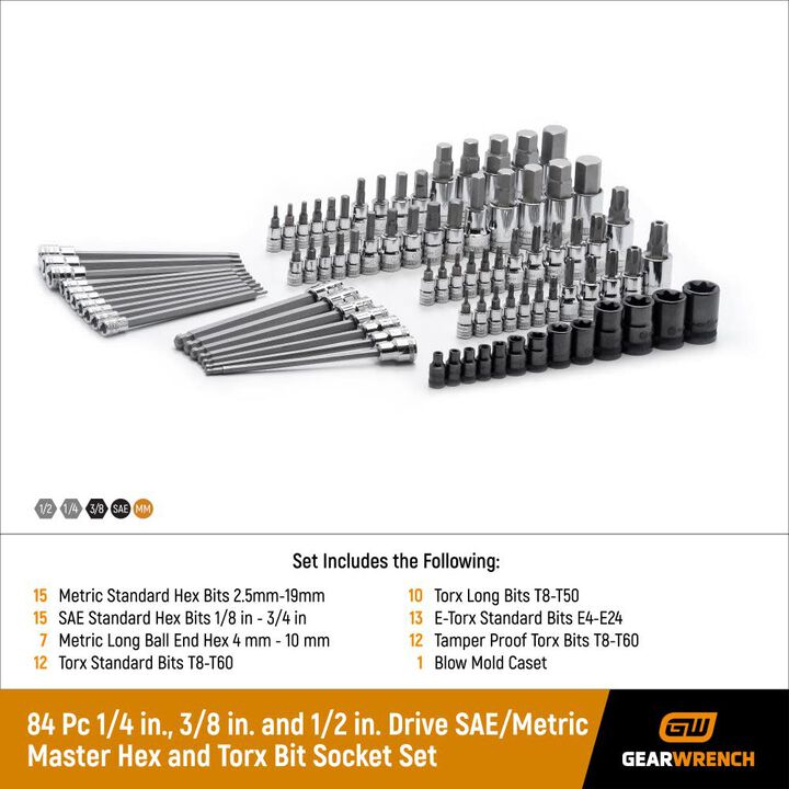 GEARWRENCH Master SAE/Metric and TORX Bit Socket Set 84 pc 1/4 3/8 & 1/2 In. Drive, large image number 7