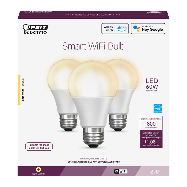Feit Electric 60W A19 Alexa Google LED Smart WiFi Bulb 3pk, large image number 1