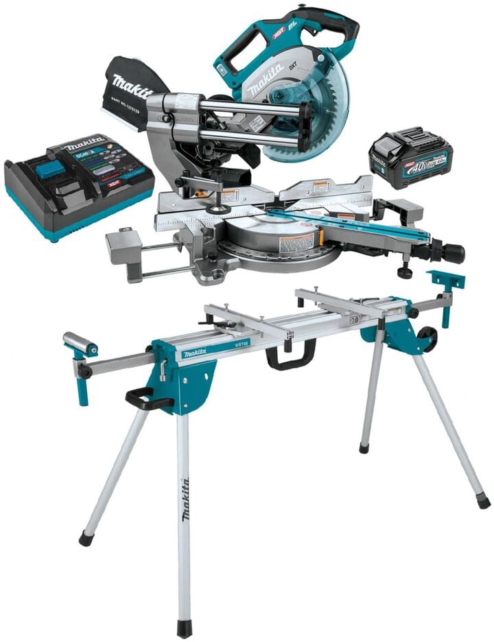 Makita 40V Max XGT Brushless Cordless 8-1/2 Inch Dual-Bevel Sliding Compound Miter Saw Kit & Compact Folding Miter Saw Stand Bundle