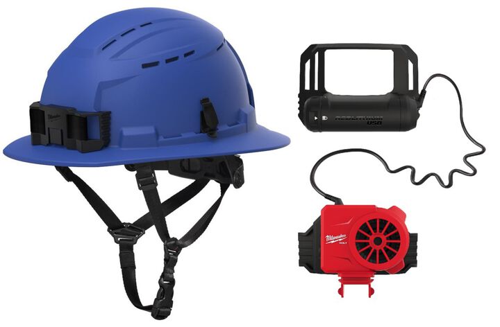 Milwaukee BOLT Blue Full Brim Vented Safety Helmet Type 2 Class C & Cooling Fan Bundle