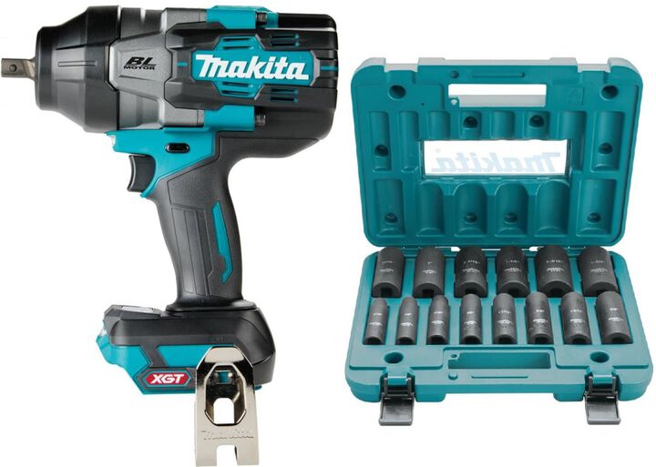 Makita 40V Max XGT Brushless Cordless 4 Speed High Torque 1/2 Inch Square Drive Impact Wrench (Bare Tool) & 14pc  Deep Impact Socket Set Bundle