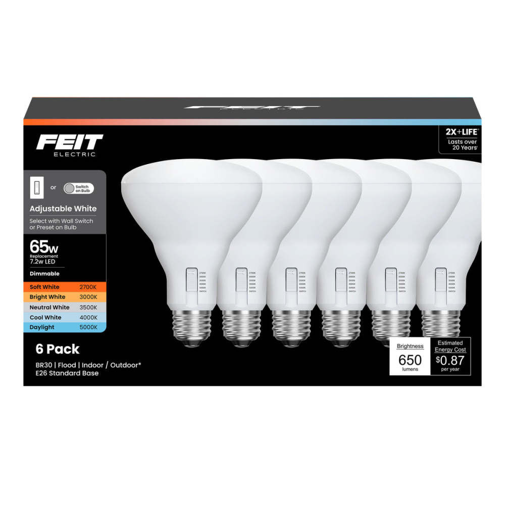 Feit Electric 7.2W 650 Lumens BR30 E26 Reflector LED Bulb Adjustable White 6 Pieces, large image number 1