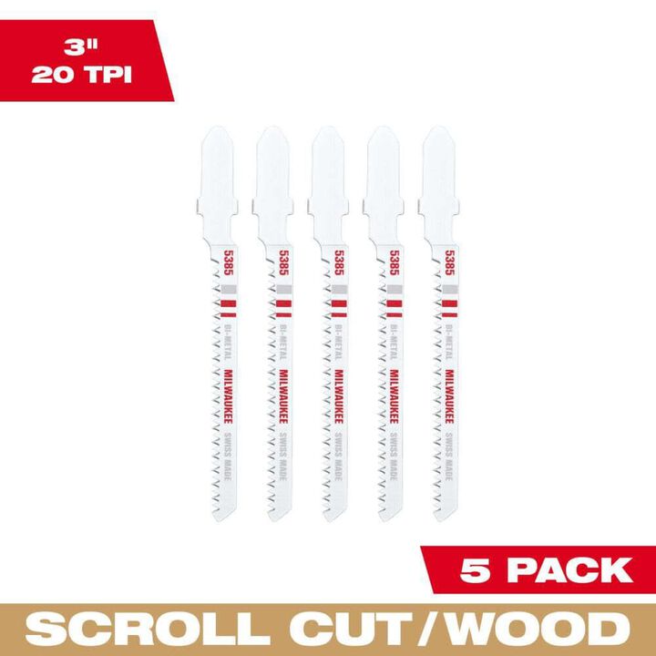 Milwaukee 3in 20TPI T-Shank Wood Bi-Metal Jigsaw Blades 5pk