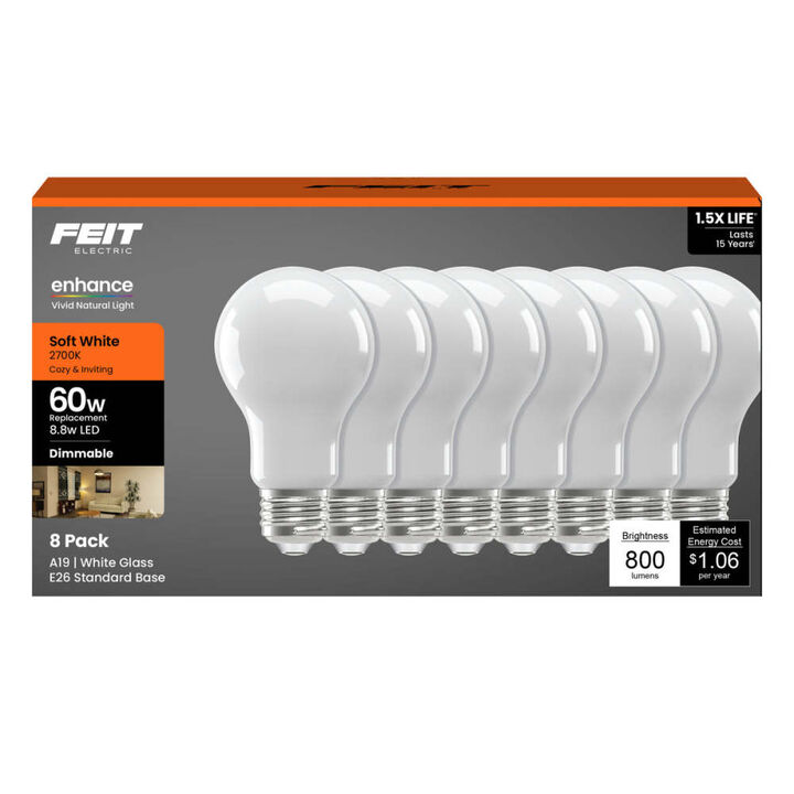 Feit Electric 8.8W 800 Lumens A19 E26 Base LED Bulb Daylight White Frosted 8 Pieces