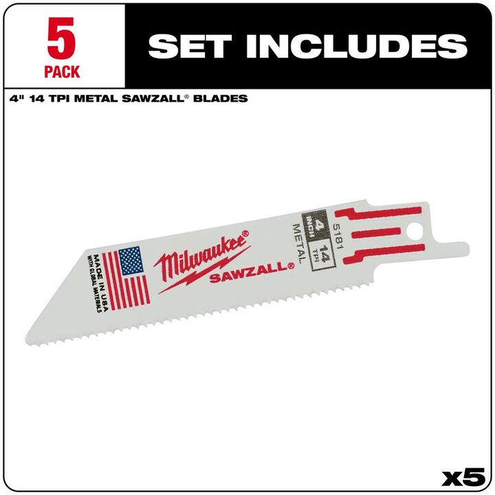 Milwaukee 4 in. 14 TPI Thin Kerf SAWZALL Blades 5PK, large image number 1