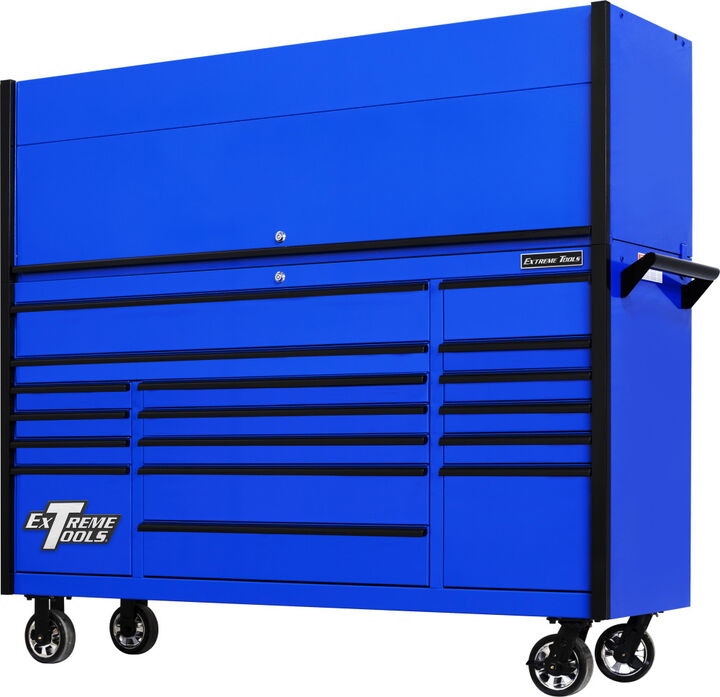 Extreme Tools DX Series 72 Inch W x 21 Inch D Extreme Power Workstation Hutch and 17 Drawer Roller Cabinet Combo Blue with Black Drawer Pulls