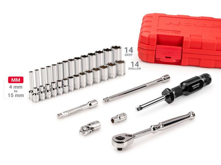 Tekton 1/4 Inch 6 Point Socket and Ratchet Set Case, 34 Pieces (4-15 mm), large image number 1