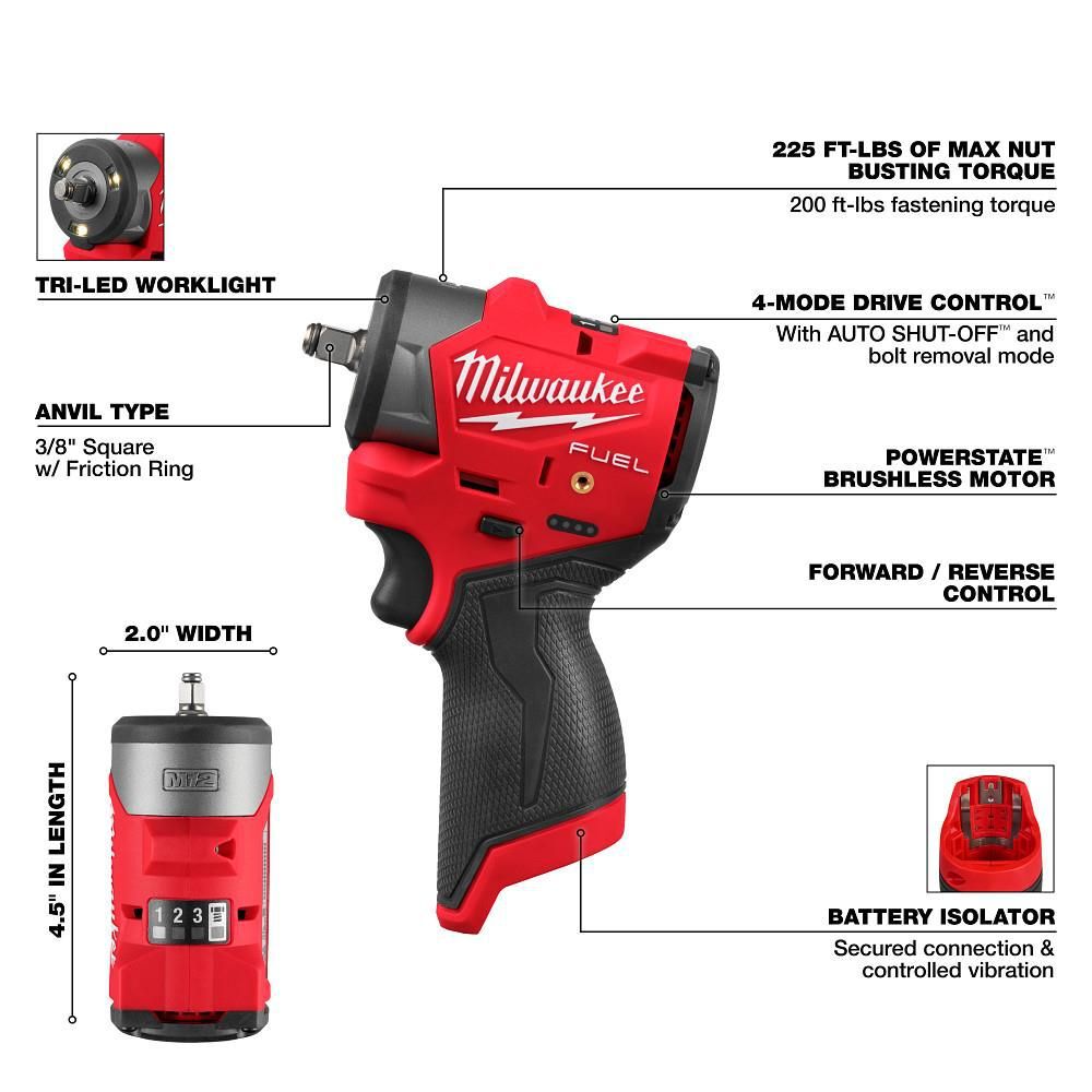 Milwaukee M12 FUEL 3/8 Inch Subcompact Impact Wrench (Bare Tool) with Protective Boot, large image number 3