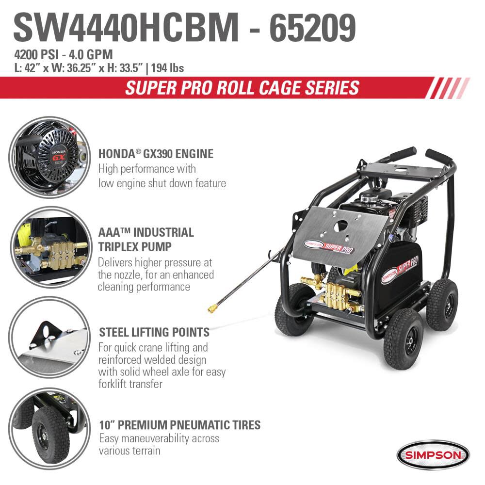 Simpson SuperPro Roll Cage 4400 PSI 4.0 GPM Gas Powered Cold Water Belt Drive Pressure Washer with 5 Spray Tips, large image number 12