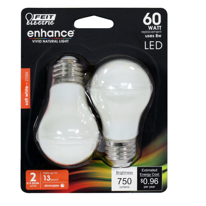 Feit Electric 60W A15 2700K Soft White Dimmable LED Bulb 2pk, large image number 1
