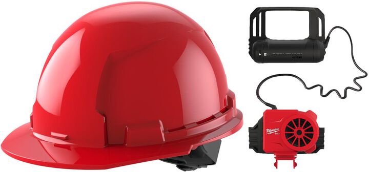 Milwaukee Red Front Brim Hard Hat with 4pt Ratcheting Suspension Type 1 Class E & BOLT USB Cooling Fan Bundle