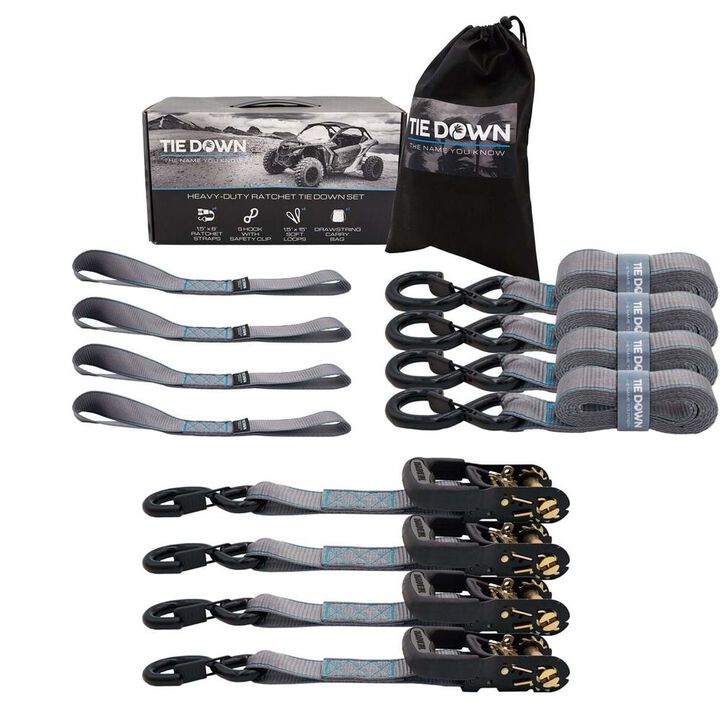 Tie Down 1.5 Inch x 8 Ft. Gray Heavy Duty Ratchet Strap - 4 Pack