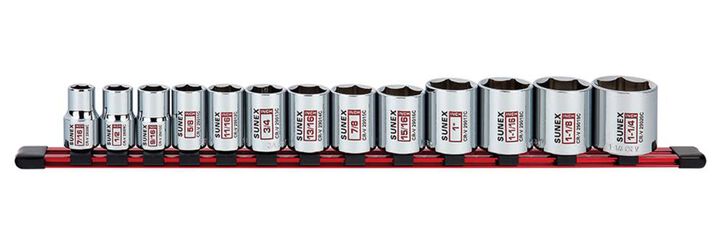 Sunex 1/2 In. Dr 6 Pt Standard SAE Socket Rail 13 Pc Set