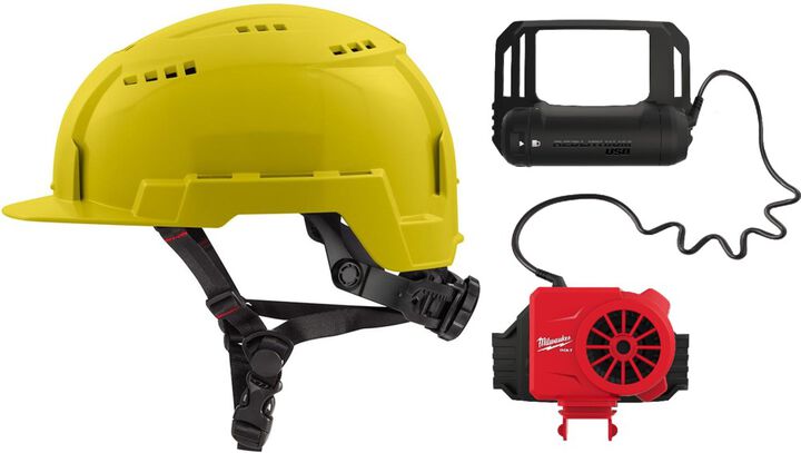 Milwaukee BOLT Yellow Front Brim Vented Helmet Class C & Cooling Fan Bundle