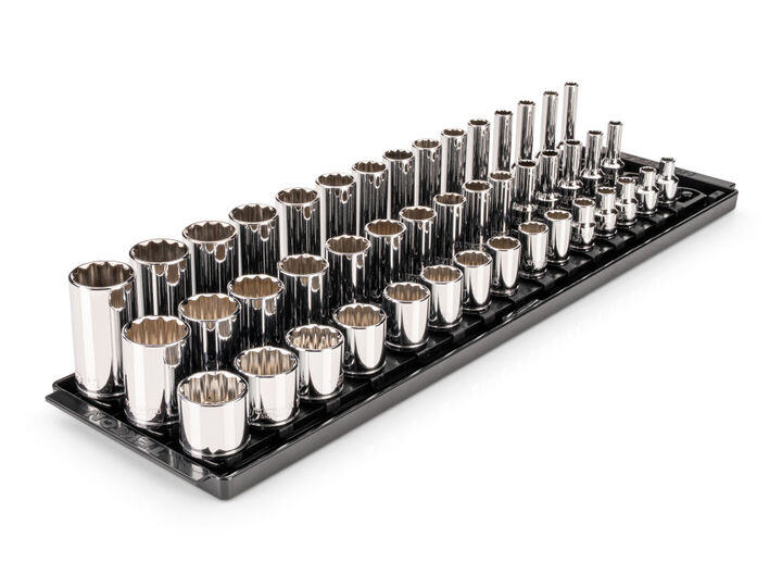 Tekton 3/8 Inch Shallow, Semi-Deep, and Deep 12 Point Sockets, Rails, 45 Pieces